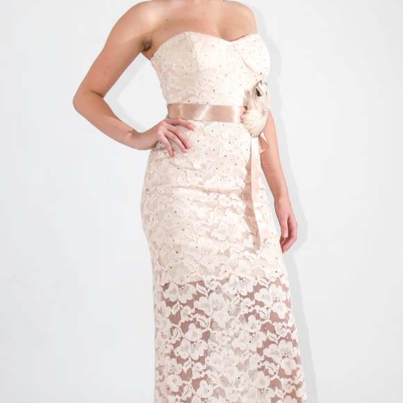 City Triangles Strapless Nude Floral Lace Floral Feather Ball Gown Dress XS - Picture 6 of 8